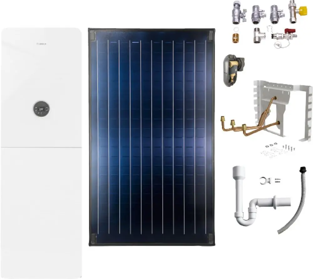 Bosch-Gasheizung mit einem Photovoltaik-Modul, Installationszubehör und Rohren. Komponenten für ein Heizsystem auf einem weißen Hintergrund angeordnet.